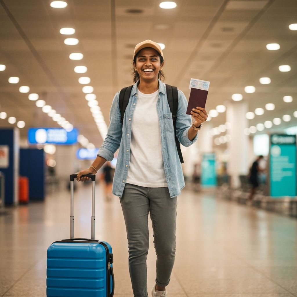 Viajante feliz no aeroporto com visto aprovado pronto para viagem internacional